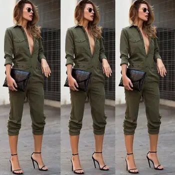 Toamna Rece Pentru Femei De Moda Plus Blugi Denim Simplu Armată Butonul Verde Solid Salopete Salopeta Salopete Pantaloni Salopete Pantaloni Largi Picior