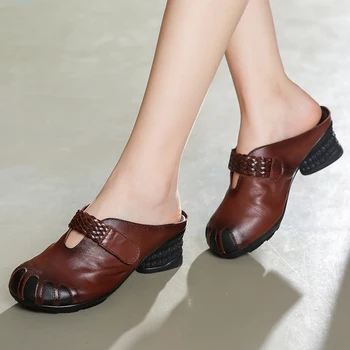 GKTINOO 2021 Vara Piele naturala Sandale cu Toc pentru Femei Pantofi Retro Casual, Papuci de casă Soft Comfort Femei Papuci Sandale