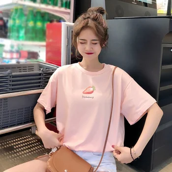 Noi de Vara Tricou Femei de Moda de Căpșuni Dulce Broderie de Bumbac T-shirt de sex Feminin Drăguț Tricouri Fete Roz Topuri