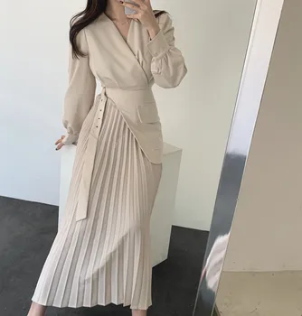 2021 Femei De Primavara Toamna V Gatului Maneca Lunga Elegante Coreean Doamna De Birou Slim O Linie Drapat Mozaic Rochii Casual Vestidos