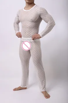 Moda Barbati Mesh Argyle Transparent Somn Seturi de Pijama Sexy Culturism Tricouri Și Pantaloni Lungi