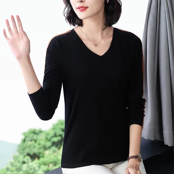 Shintimes Tricou Femei Mozaic Cu Dungi V-Neck Maneca Lunga T-Shirt Toamna Anului 2020 Bumbac Tricou Coreeană Plus Dimensiunea Femei Îmbrăcăminte