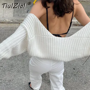 TiulZial Bolero Cardigan Femei Pulover Alb Cu Maneci Lungi Culturilor Pulover Femei Toamna Liber Supradimensionat Tricotat Pulover Pentru Femei