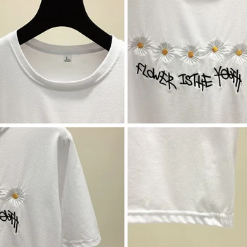 Broderie Daisy imprimare Femei din Bumbac Tricou de Vară 2020 O-Gât Doamnelor maneca Scurta Alb t-shirt femei Vrac scrisoare Negru Topuri