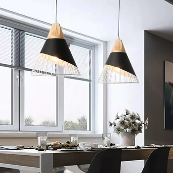 Pandantiv Modern Lampa E27 Lumini Pandantiv din Lemn Pentru Dormitor Lampă de Agățat Nordic Aluminiu Abajur Bec LED Lumina Bucătărie