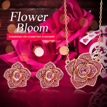CDE Femei Colier Cercei Set de Bijuterii decorat Cu Cristale Roz Trandafir in Forma de Floare Moda Bijuterii Cadouri