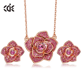 CDE Femei Colier Cercei Set de Bijuterii decorat Cu Cristale Roz Trandafir in Forma de Floare Moda Bijuterii Cadouri