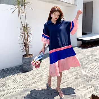 Stil coreean Lungi Tricou Femei Rochie de Vară 2020 Supradimensionat Birou Doamnă Butoane Mozaic de Culoare Bloc Tiv Cutat și Flare Sleeve