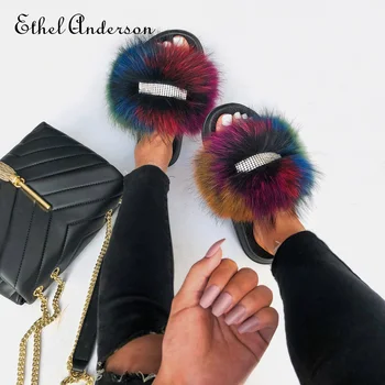 Ethel Anderson Real Vulpe Blană Pufos, Papuci de Femei Pantofi pentru Femeie Cristal Decor Faimosul Brand de Pantofi de Designer de Diapozitive