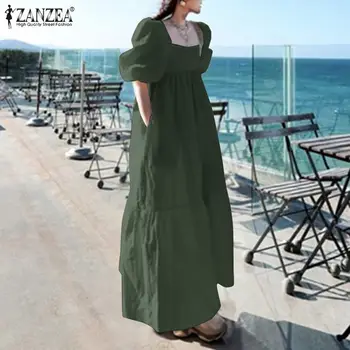 Elegant Solid Maxi Halat Femei Casual Sundress 2021 ZANZEA Scurt Puff Maneca Vestidos de sex Feminin Gât Pătrat Unduiri Rochie Plus Dimensiune