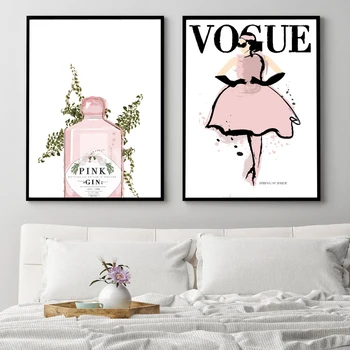 Rezervați Poster Vogue Fashion Girl Pink Gin Arta De Perete Panza Pictura Nordică Postere Si Printuri Poza Perete Pentru Living Decorul Camerei