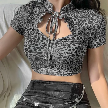 Femei Șic Leopard, Maneci Scurte T-shirt Plasă Vedea Prin Tăiați Lega de Înaltă Gât Culturilor Sus cu Brațul Lungime Maneca Manusa