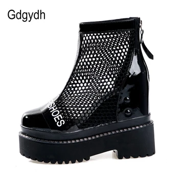 Gdgydh Gotice Punk Negru Vara Plasă De Botine Femei Înălțime Creșterea Reală Pantent Din Piele Pantofi De Vara Tubulare Cu Fermoar Noi