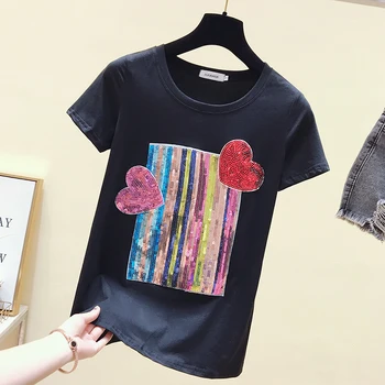 Gkfnmt Vintage Alb Tricou Femei din Bumbac Topuri de Vara Femei T-shirt cu Maneci Scurte cu Paiete Dragoste Negru Tricou Femme Noi 2019