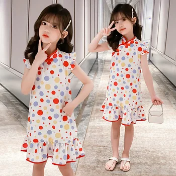 Cheongsam stil chinezesc qipao vârsta de 4 - 14 ani fete adolescente curcubeu rochie de șifon 2021 noi de vara haine copii, rochii de imprimare