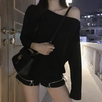 Japonia Casual Tricou femei de Primăvară Tricou Femei Streetwear-Sexy Femei Ulzzang Pe Umărul Pierde Topuri cu Maneci Lungi