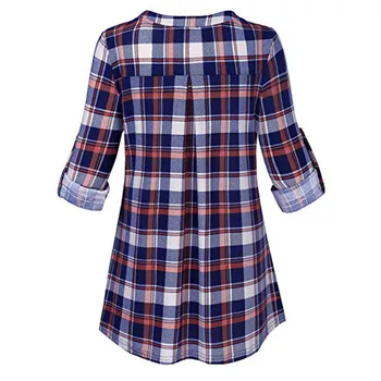Femei Zip Buzunar Carouri Imprimate Bluza Lunga Casual Laminate Sleeve V Neck Tee Camasa Tunica Bluze Bluza Blusa De Mujer