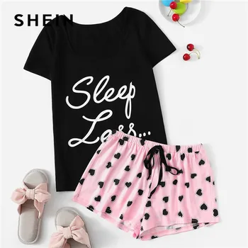 SHEIN Drăguț Maneci Scurte Sloganul Tricou Și Inima Imprimare Cordon Talie pantaloni Scurți Set de Pijama Femei Casual de Vara Sleepwear Pj Set