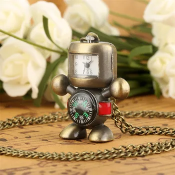 Robot Cool Forma Pandantiv Ceas de Cuarț Circulație Minunat de Bronz Mini de Buzunar Colier Ceas pentru Barbati Femei Copii cu Lanț Pulover