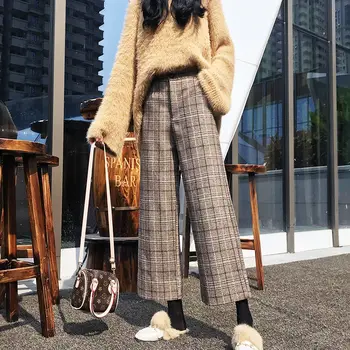 Pantaloni Carouri Femei Plus Dimensiune Largi Picior Subțire Noutate Înaltă Talie Pantaloni Vintage Material Bun Pantaloni Femei-Tweed Moda Coreeană
