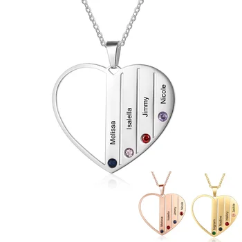 Personalizate Gravate Colier Pandantiv Inima cu 4 Birthstones din Oțel Inoxidabil Personalizate Nume de Familie Coliere pentru Femei Mama