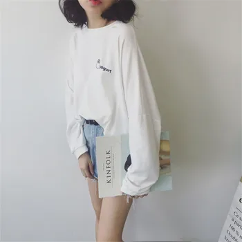 Mânecă lungă T-shirt Femei Vrac Alb, Simplu, Primăvară, Toamnă Scrisoare Batwing mâneci Tricou Femei Casual Trendy Stil coreean Chic