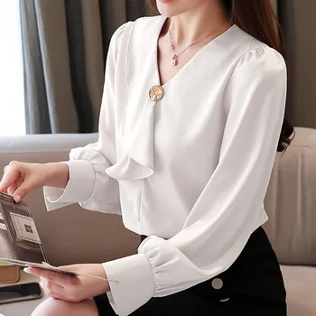 2020 Primăvară coreeană de Moda de Îmbrăcăminte Negru coreean de Top Șifon Bluza Solid OL Volane V-Neck Blusas Femininas Tricou Alb 8188 50