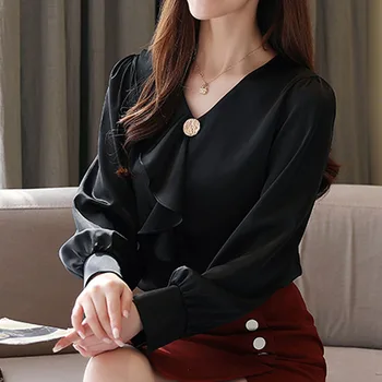 2020 Primăvară coreeană de Moda de Îmbrăcăminte Negru coreean de Top Șifon Bluza Solid OL Volane V-Neck Blusas Femininas Tricou Alb 8188 50