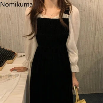Nomikuma Contrast Alb Negru Culoare Rochie Eleganta pentru Femei Piața de Guler Maneca Lunga coreean Rochii Elegante High Street Halat 3c883