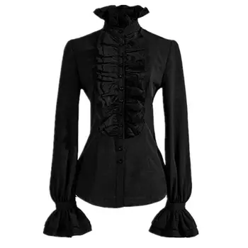 Femei Epocă Victoriană Cămașă De Înaltă Gât Volane Buton Jos Bluza Mâneci Lungi Slim Talie Birou Doamnă Gotic Lotus Topuri