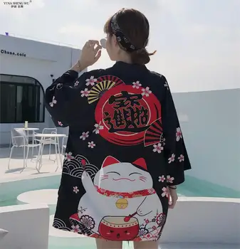 Cat Noroc Kimono Japonia Streetwear Cardigan Harajuku Halat Stil Japonez Haine De Vara Barbati Femei Negru Sacou Alb Topuri