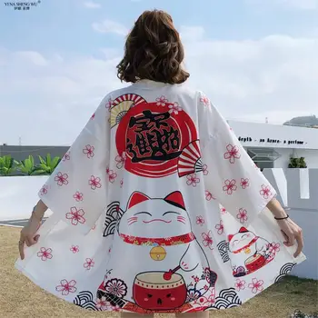 Cat Noroc Kimono Japonia Streetwear Cardigan Harajuku Halat Stil Japonez Haine De Vara Barbati Femei Negru Sacou Alb Topuri