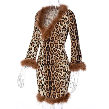 ANOTIMPURILE Leopard Faux Blana Pufos Mini Wrap Rochie Femei, cu Maneci Lungi V-Neck Lace Up Sexy Bodycon Rochii Toamna Iarna ASDR81818