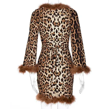 ANOTIMPURILE Leopard Faux Blana Pufos Mini Wrap Rochie Femei, cu Maneci Lungi V-Neck Lace Up Sexy Bodycon Rochii Toamna Iarna ASDR81818