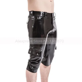 Latex negru de sex Masculin Trunchiate Pantaloni de Cauciuc Strans Capri pantaloni cu Buzunare S-LTM107