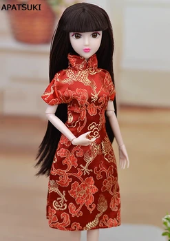 Papusa Accesorii Roșii De Flori Handmade Rochie Pentru Barbie Cheongsam Tradițională Chineză Rochie Vestido Qipao Rochii De Seara