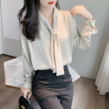 Primăvară Șifon Cămașă OL Stil Office Lady Camasa cu Maneca Lunga pentru Femei Camasa din Satin Pierde V-neck Femei Topuri si Bluze Haine 10842