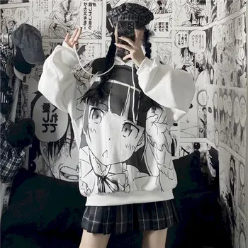 Primavara Toamna Harajuku Hoodies Femei Catifea, Jachete cu Glugă Tipărite Anime de Două-dimensional de Desene animate Pulovere Fete Streetwear