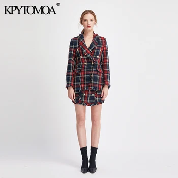 KPYTOMOA Femei 2021 Moda Dublu Rânduri Uzat Verifica Sacouri de Tweed Coat Femei Vintage Maneca Lunga Femei Îmbrăcăminte exterioară Topuri Chic