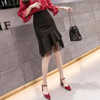 Elegant Stil coreean Birou Femei Formale Fusta Sirena de Primăvară Mozaic ochiurilor de Plasă, Fusta cu Talie Inalta Plus Dimensiune 5Xl Negru OL Fuste