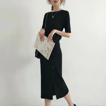Primăvara Stil Coreean Tricotate Rochie Pulover Femei Elegante Solid Jumătate Maneca Butoane Slim Midi Rochii Casual, Office Minimalist