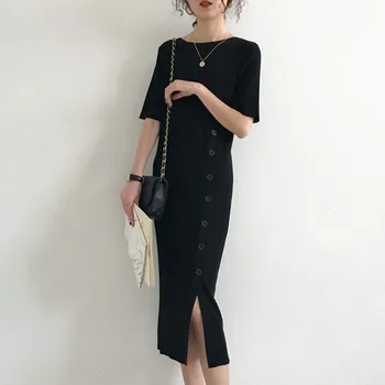 Primăvara Stil Coreean Tricotate Rochie Pulover Femei Elegante Solid Jumătate Maneca Butoane Slim Midi Rochii Casual, Office Minimalist