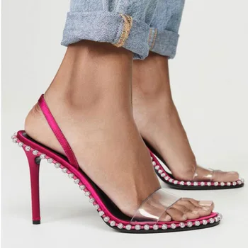 Rose Red Lady Sandale de Vară 2020 Nou Stras Transparent Cuvânt Cu sandale Sexy cu Toc Înalt Pantofi pentru Femei 7cm 9cm MO10-18