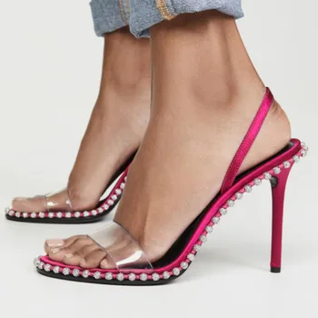 Rose Red Lady Sandale de Vară 2020 Nou Stras Transparent Cuvânt Cu sandale Sexy cu Toc Înalt Pantofi pentru Femei 7cm 9cm MO10-18