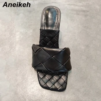 Aneikeh Vara Pantofi pentru Femei Papuci Lamele de Cauciuc PU Solid în Afara Tocuri Subtiri Adult Superficial Deget de la picior Pătrat Negru Caise Albastru Portocaliu
