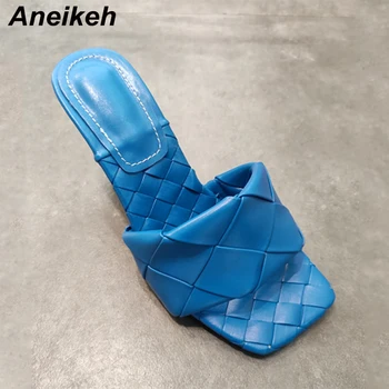 Aneikeh Vara Pantofi pentru Femei Papuci Lamele de Cauciuc PU Solid în Afara Tocuri Subtiri Adult Superficial Deget de la picior Pătrat Negru Caise Albastru Portocaliu