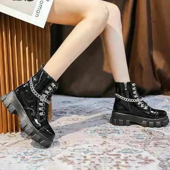 Noi 2020 Piele De Brevet Femei Doamnelor Cizme De Glezna Mijlocul Toc Dantelă-Up Lucrător Armata Neagră Goth Pantofi De Toamnă Sexy Lanț De Înaltă Calitate
