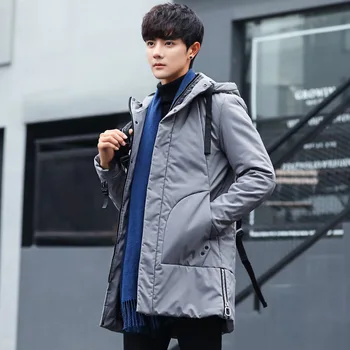 Jacheta barbati-coreeană stil Elegant de lungime medie, cu Gluga Bumbac Gros căptușit Haine Barbati Toamna/Iarna Nou Stil Slim Fit Cott