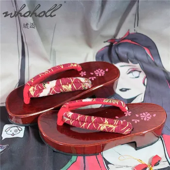 WHOHOLL Geta Japoneză Saboți de Femei Papuci de casă papuci de Lemn Sandale Pană Roșie de Jos Sakura Print Papuci de Cosplay pantofi
