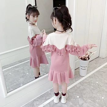 2 Culori Fete Pentru Copii De Toamna Rochii Noi Coreea De Copii Fată Dress 2019 Haine De Primăvară Volane Printesa Copilul Haine De Copii-Fete